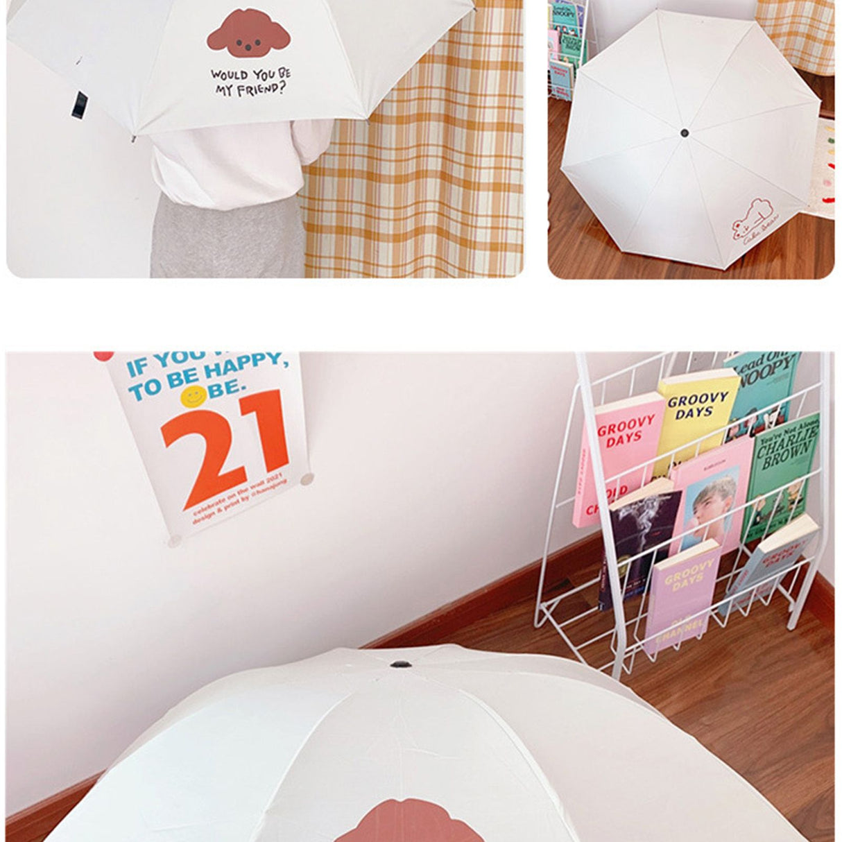 Fashion Korean Version Sun Umbrella UV Isolation Portable Foldable Umbrella Black Vinyl Cute Cartoon Pattern White Dog