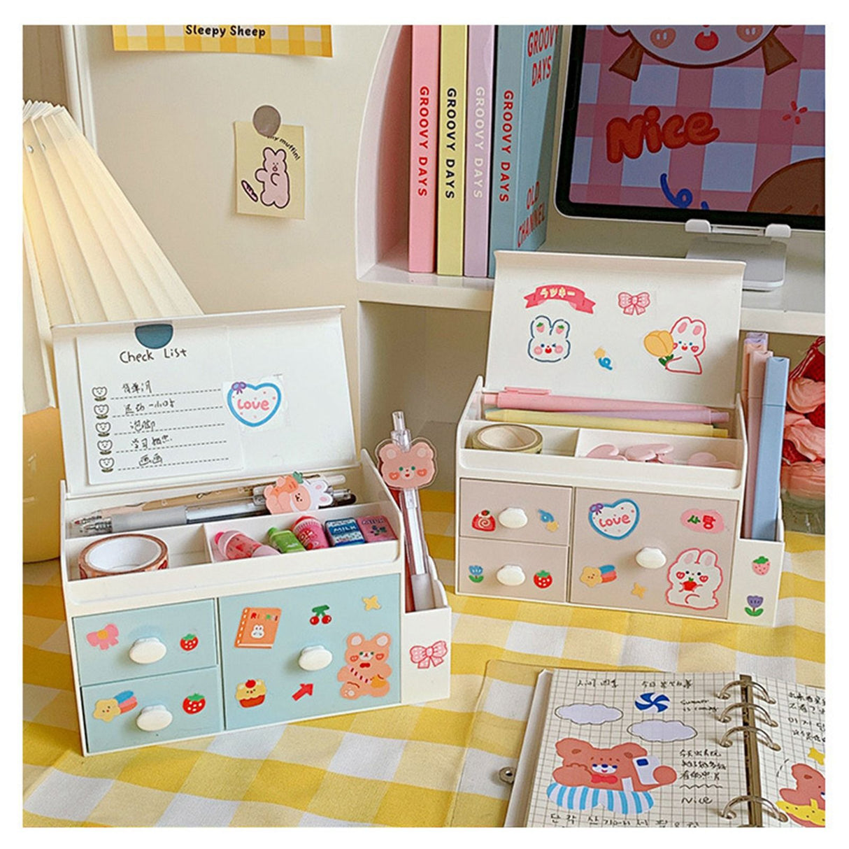 Desktop Storage Box Drawer Design Large Capacity Decorative Simple Dust Cover Skincare Storage Box Pink with Stickers
