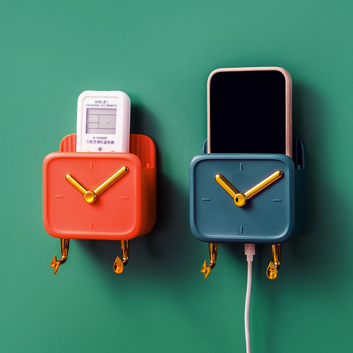 Wall Mounted Storage Box PP Clock Shaped Multifunctional Container with Hooks for Dormitory Bedside Orange