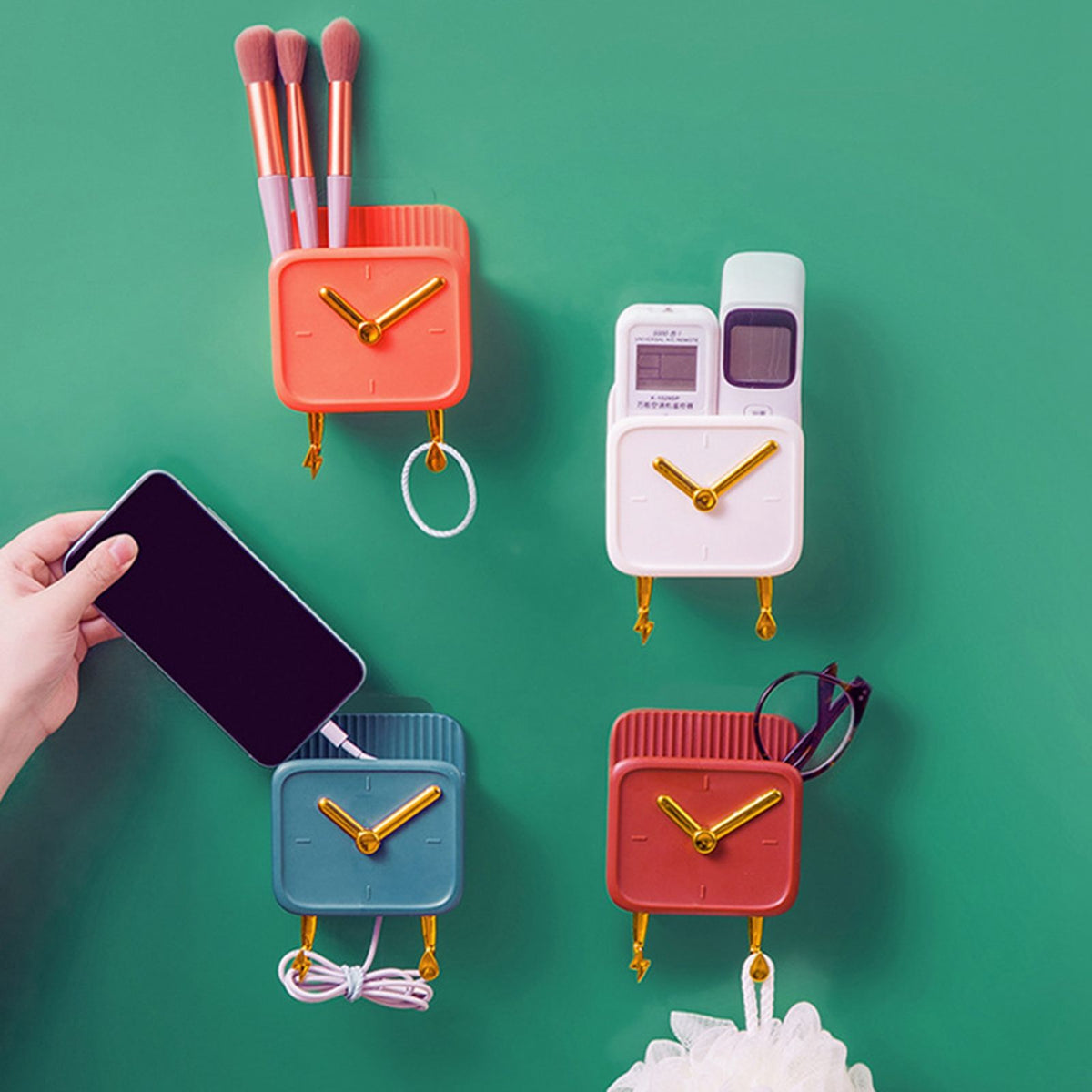 Wall Mounted Storage Box PP Clock Shaped Multifunctional Container with Hooks for Dormitory Bedside Orange