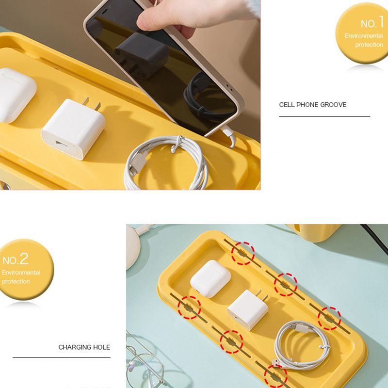 Power Strip Storage Box Hollow Heat Dissipation Simple 6 Charging Hole Cord Cable Container for Home Blue and Yellow
