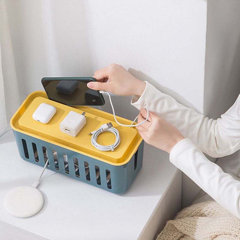 Power Strip Storage Box Hollow Heat Dissipation Simple 6 Charging Hole Cord Cable Container for Home Blue and Yellow