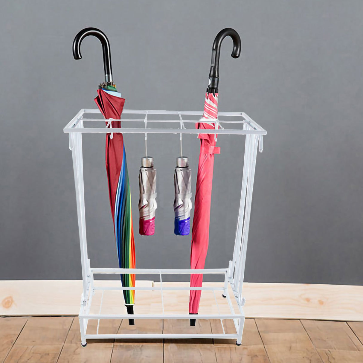 Umbrella Storage Rack Iron with Drip Tray 10 Holes 8 Hooks Umbrella Rack Stand for Home Hotel Lobby White