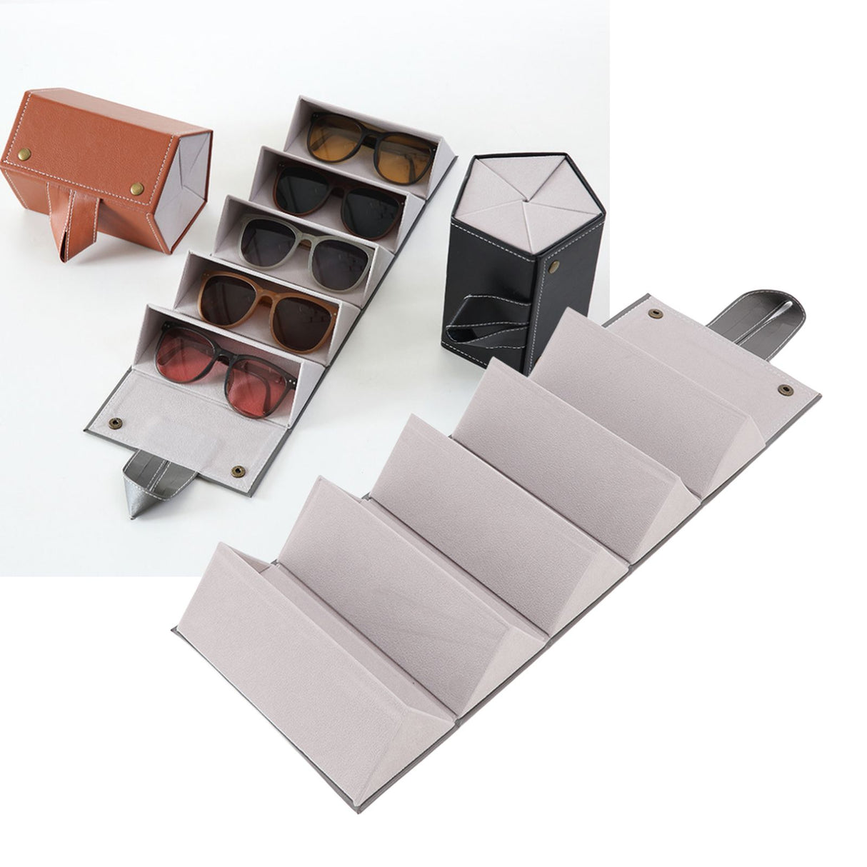 Sunglasses Organizer Case Multifunctional Multiple Slots PU Leather Travel Glasses Case Storage for Glasses Jewelry Gray