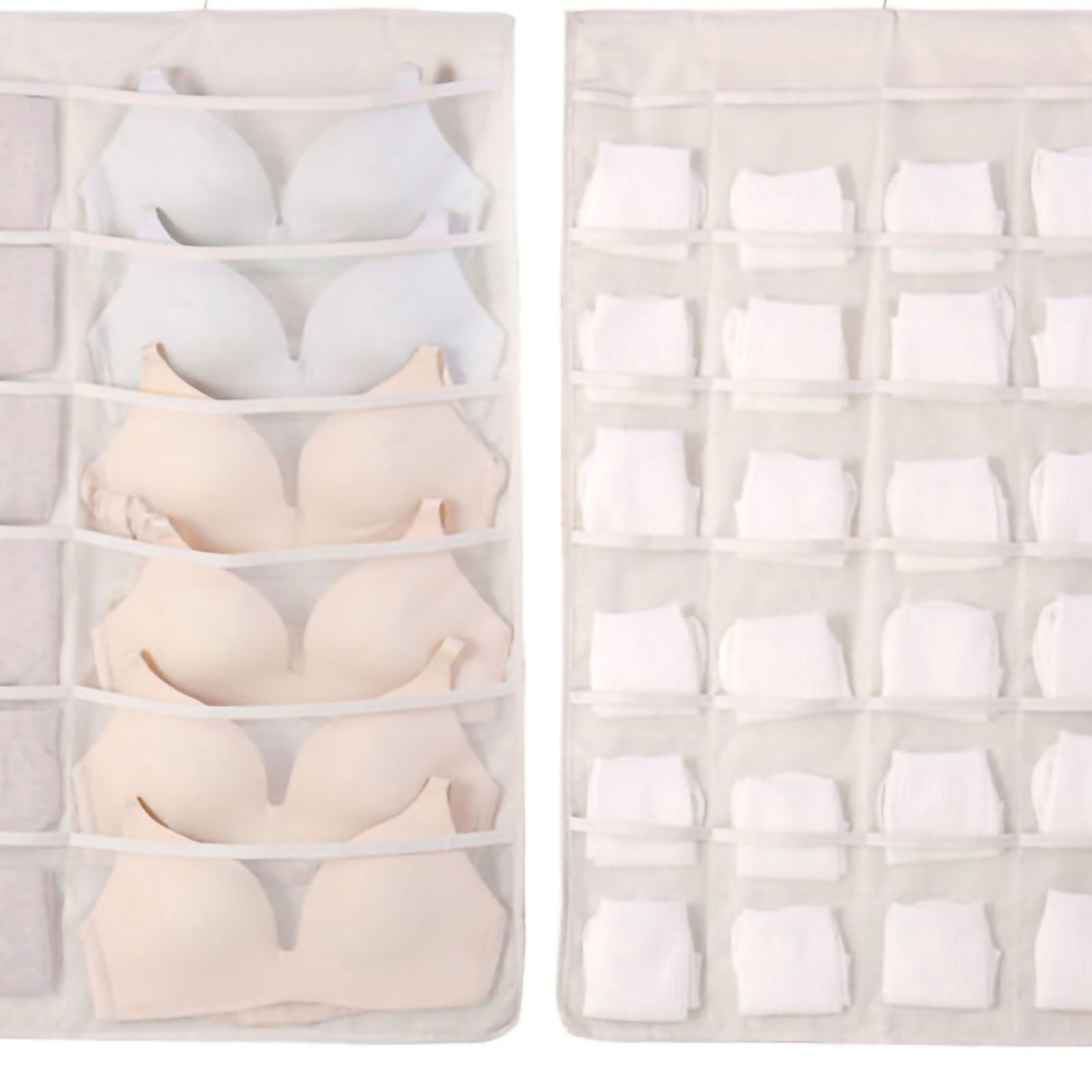 Hanging Bra Organizer Oxford Fabric Double Sides Breathable Large Capacity Underwear Storage Organizer for Bra Socks Beige, Front 12, Back 24