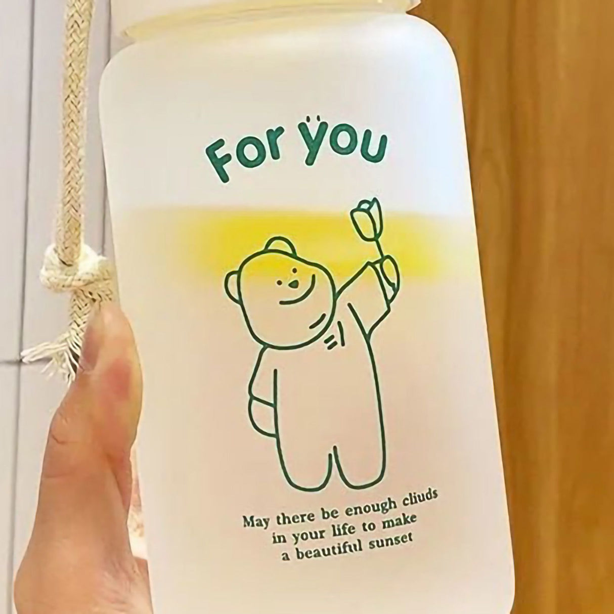 Kids Water Bottle Cute Cartoon Printing Handle Design Healthy Odorless Good Sealing Students Water Cup Green Bear