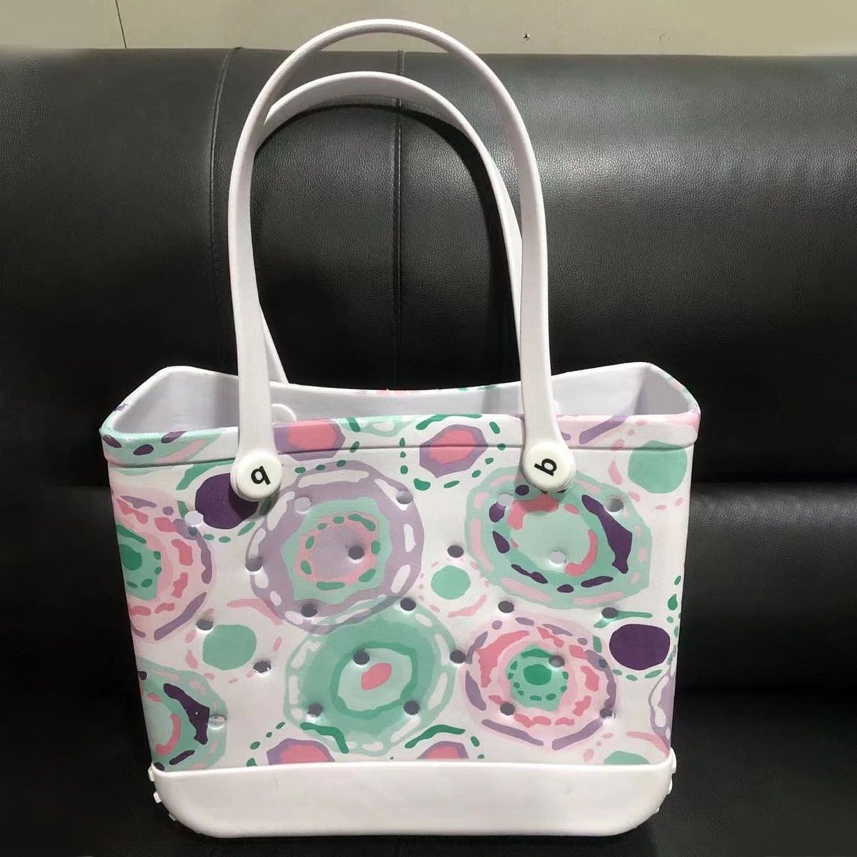 Women Storage EVA Handbag Hole Design Beach Casual Bag for Outdoor Sport Shopping Traveling White Print Small