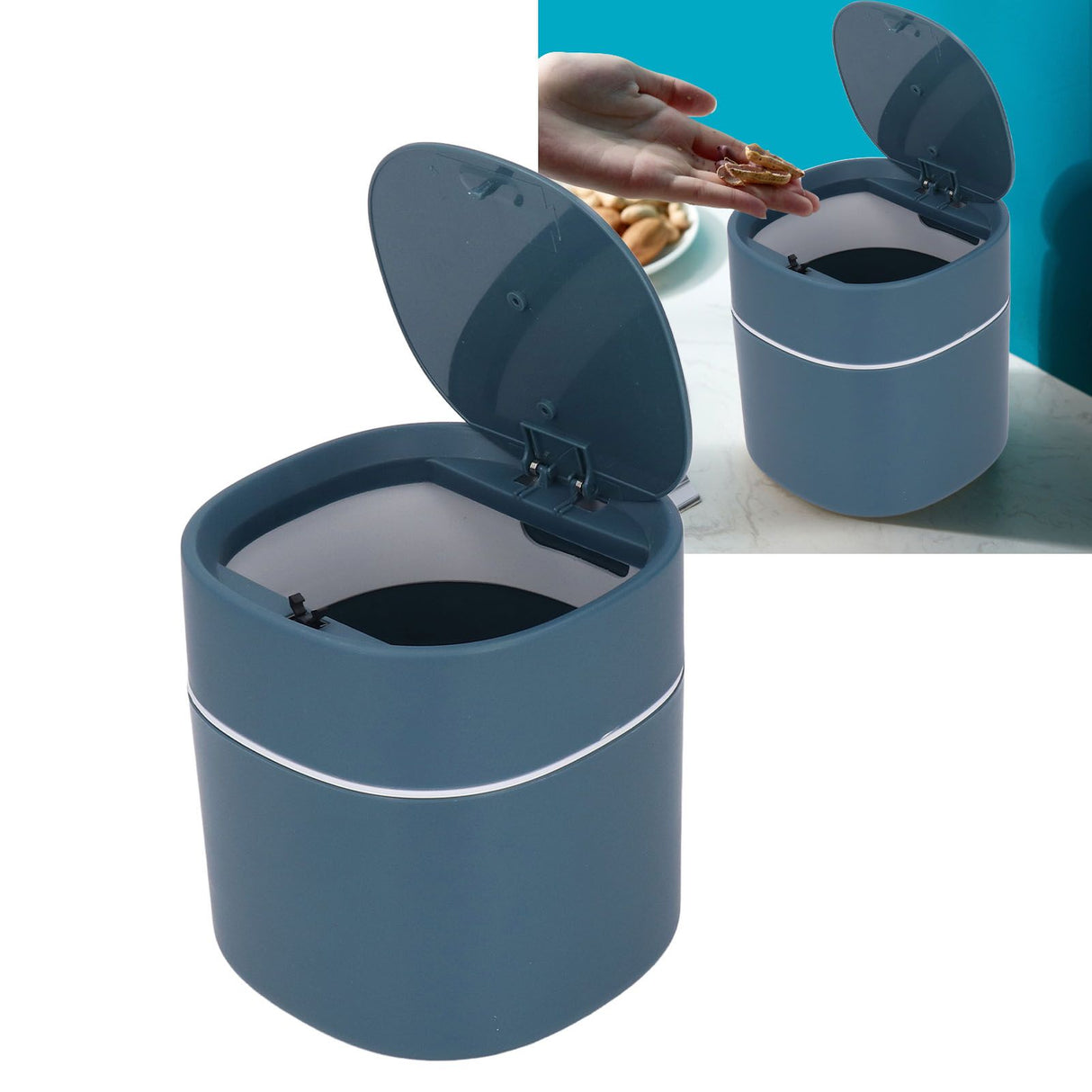 Mini Desktop Trash Can Debris Storage Cleaning Can with Lid for Coffee Table Dressing Table Desktop Countertop Blue