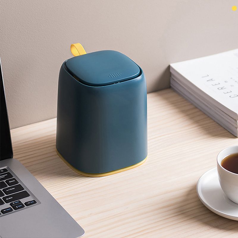 Desktop Trash Can Press Type Mini Garbage Can with Cover for Office Dressing Table Dark Blue