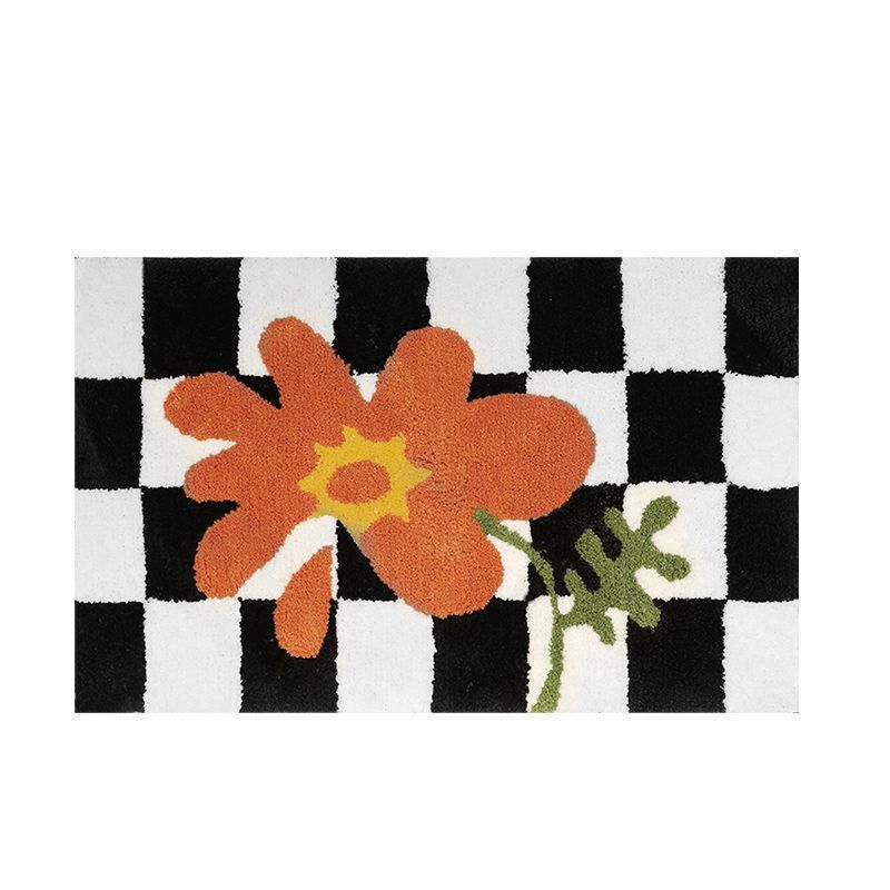 Checkered Doormat Anti Skid Black White Grid Cute Door Mat for Bathrooms Kitchens Living Rooms Orange Flower 50x80