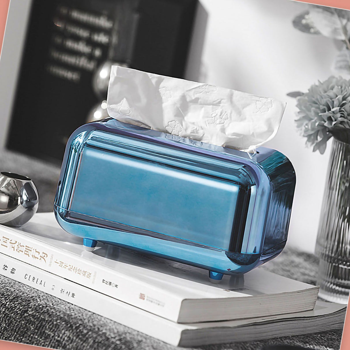 Tissue Storage Box Electroplated Magnetic Retro Built in Spring Facial Tissue Dispenser Box for Home Blue