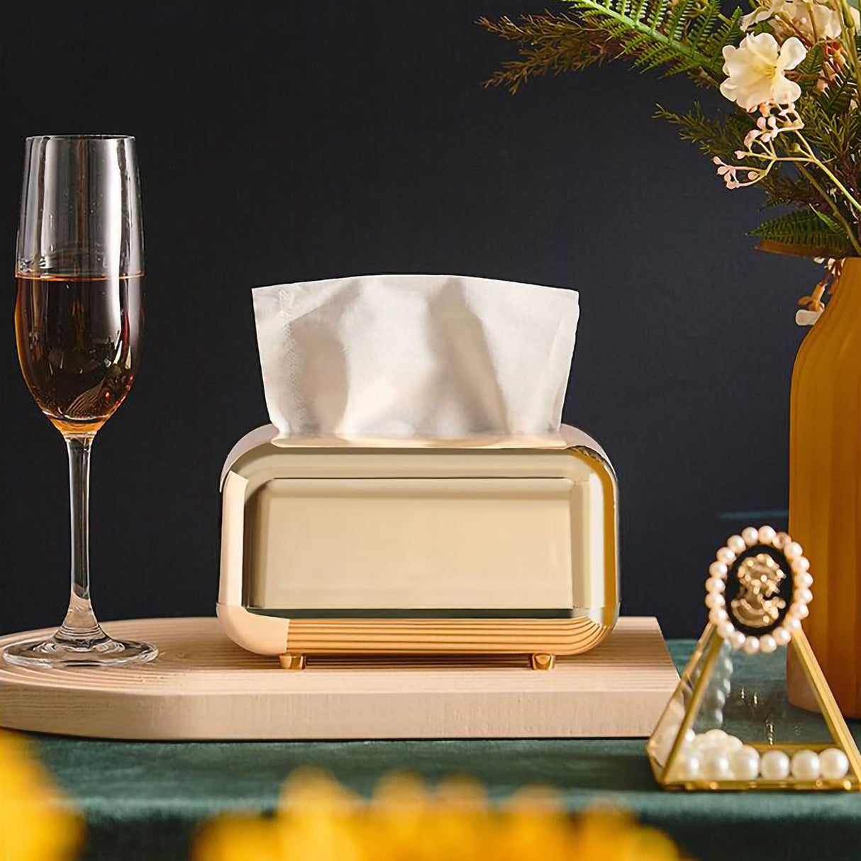 Tissue Storage Box Electroplated Magnetic Retro Built in Spring Facial Tissue Dispenser Box for Home Champagne Gold