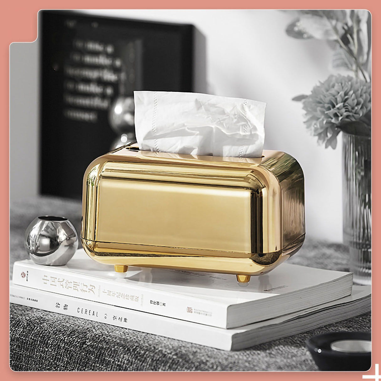 Tissue Storage Box Electroplated Magnetic Retro Built in Spring Facial Tissue Dispenser Box for Home Champagne Gold
