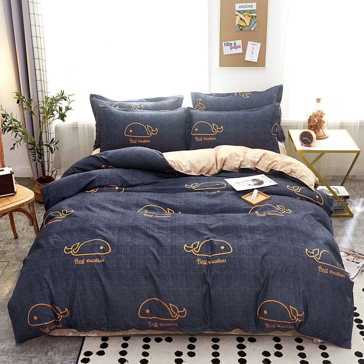 Skin Friendly Quilt Cover Thickened Polyester Soft Brushed Duvet Cover Quilt Bedding for Dormitory Bedroom Whale 150x200cm
