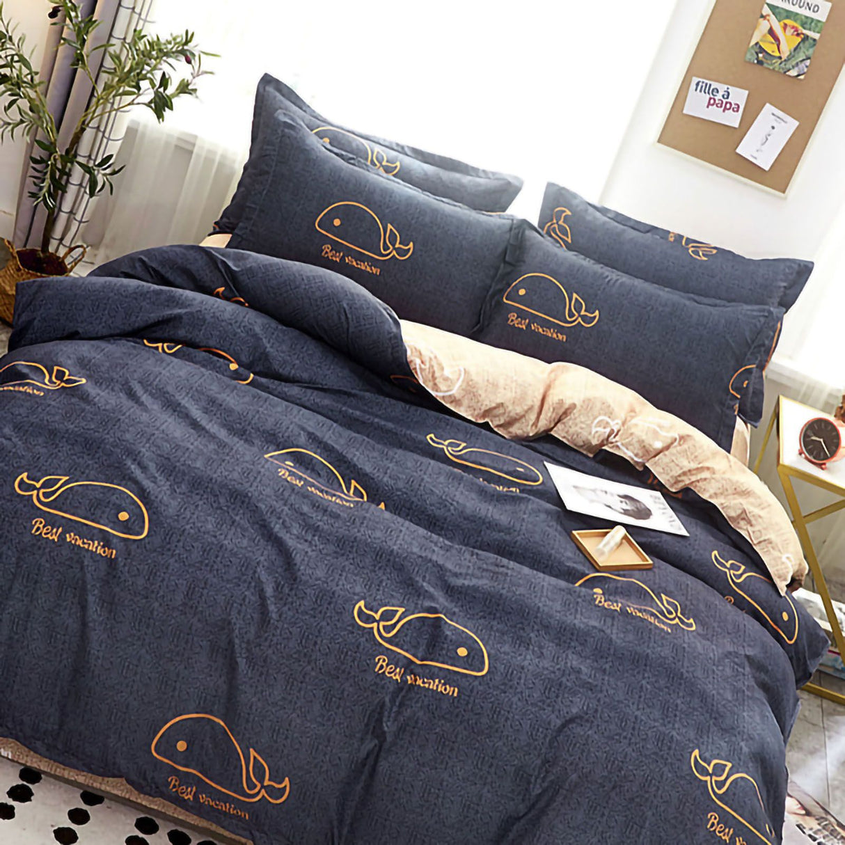 Skin Friendly Quilt Cover Thickened Polyester Soft Brushed Duvet Cover Quilt Bedding for Dormitory Bedroom Whale 150x200cm