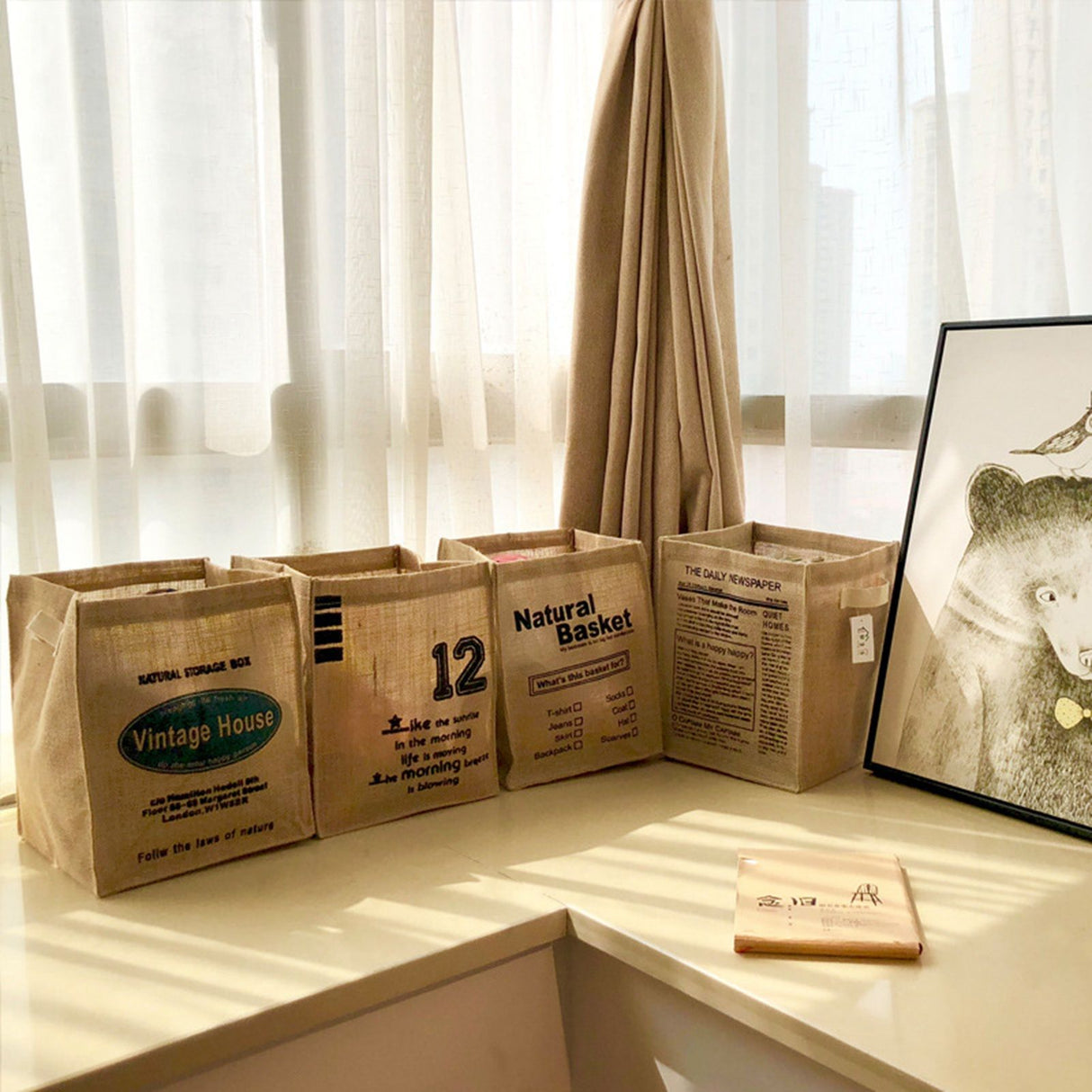 Jute Storage Box Foldable Waterproof Film Easy Cleaning Mild Texture Storage Basket for Home Office TDN Pattern