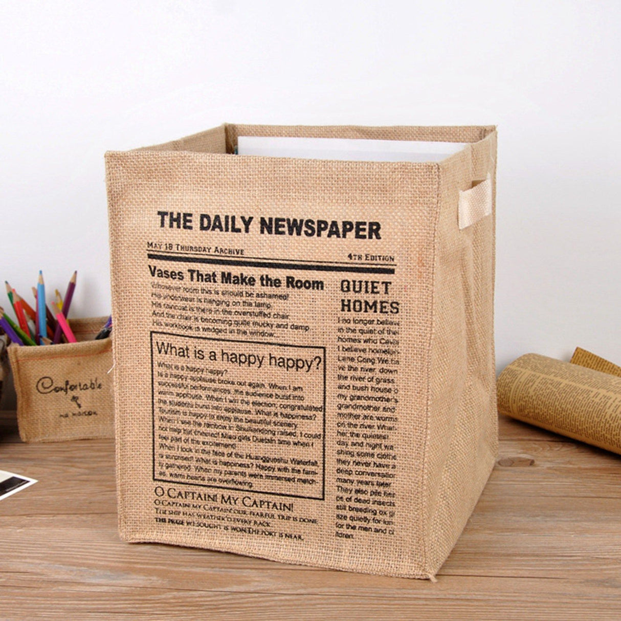 Jute Storage Box Foldable Waterproof Film Easy Cleaning Mild Texture Storage Basket for Home Office TDN Pattern