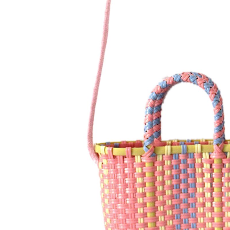 Woven Bag Colorful Plastic Strip Handle Small Cute Fashionable Square Bag for Summer Beach Light Pink