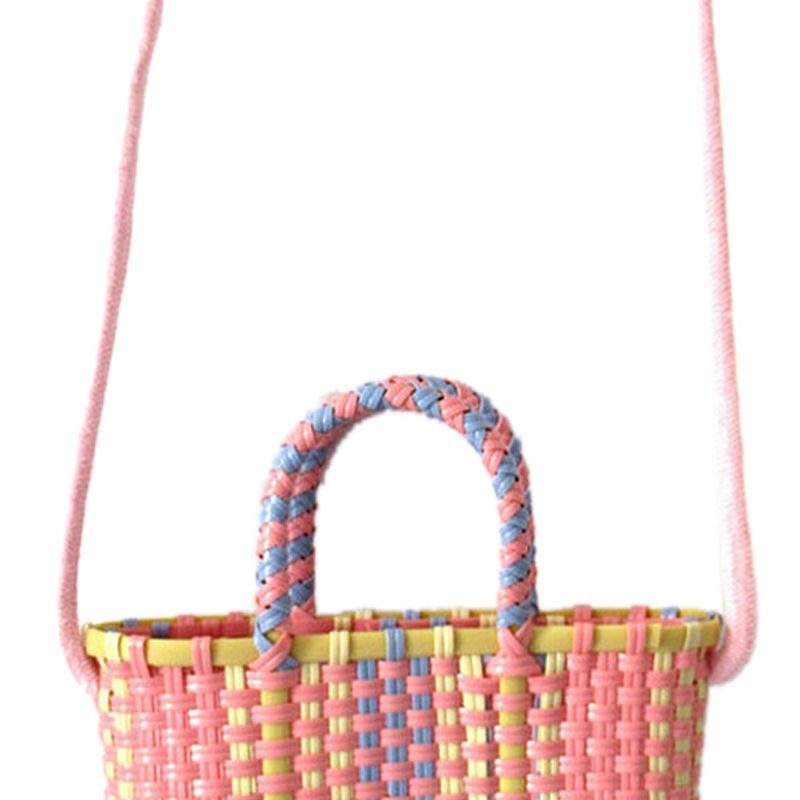 Woven Bag Colorful Plastic Strip Handle Small Cute Fashionable Square Bag for Summer Beach Light Pink