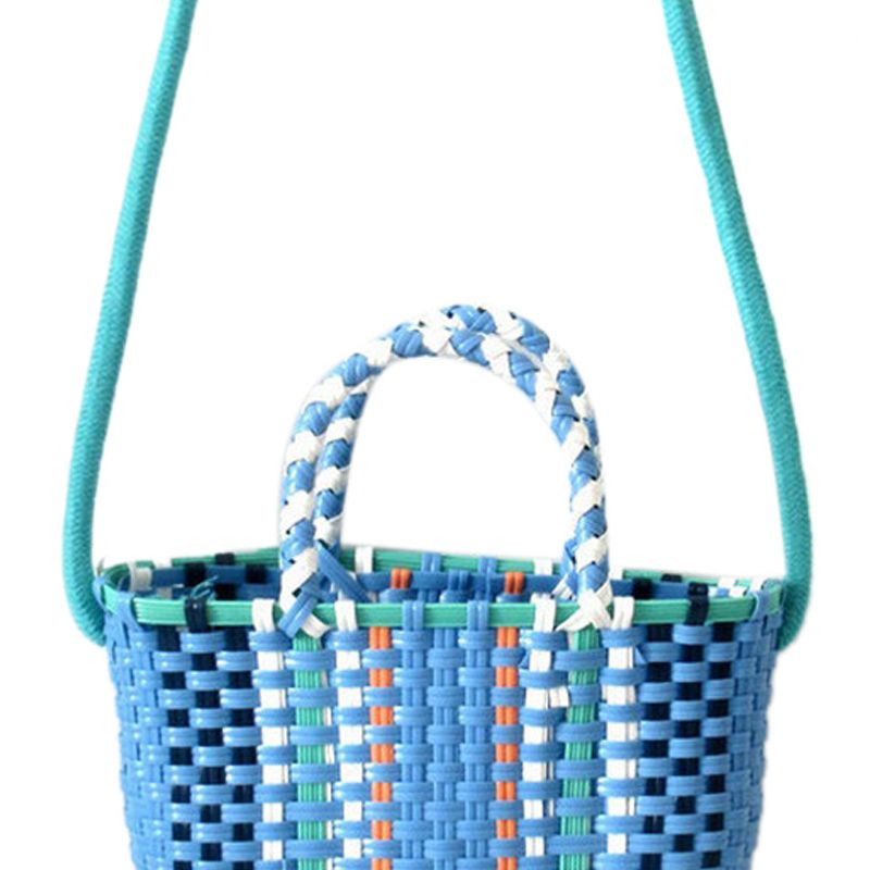 Woven Bag Colorful Plastic Strip Handle Small Cute Fashionable Square Bag for Summer Beach Sky Blue