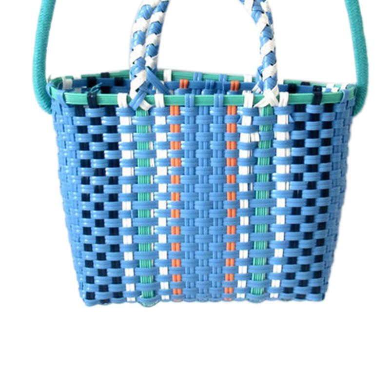 Woven Bag Colorful Plastic Strip Handle Small Cute Fashionable Square Bag for Summer Beach Sky Blue