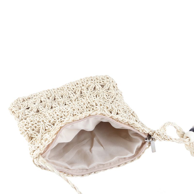 Straw Satchel Weave Bag Hand Knitting Square Shape Tassels Woven Bag for Beach Dating Beige