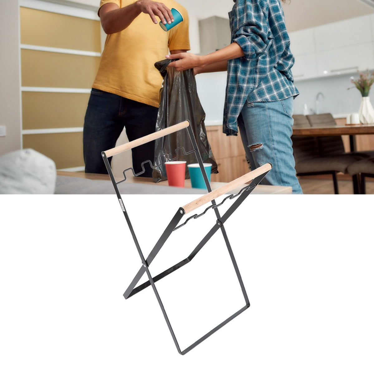 Trash Bag Holder Stand Rubber Wood Handle Iron Stand Flat Appearance Foldable Portable Garbage Bag Stand for Indoor Outdoor Use Black