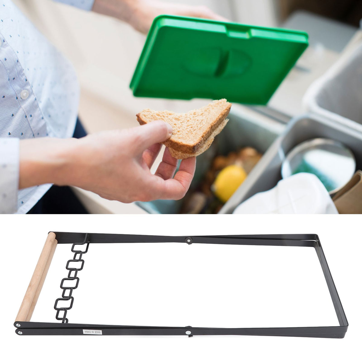 Trash Bag Holder Stand Rubber Wood Handle Iron Stand Flat Appearance Foldable Portable Garbage Bag Stand for Indoor Outdoor Use Black