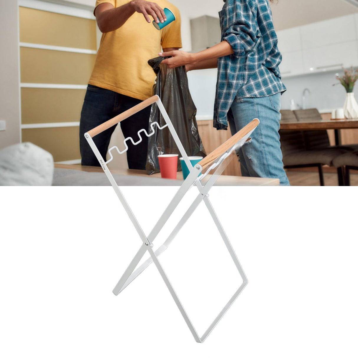 Trash Bag Holder Stand Rubber Wood Handle Iron Stand Flat Appearance Foldable Portable Garbage Bag Stand for Indoor Outdoor Use White