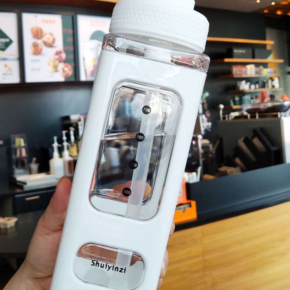 Straw Water Bottle with Marker 700ml Large Capacity Double Layer Water Jug for Home Gym School White