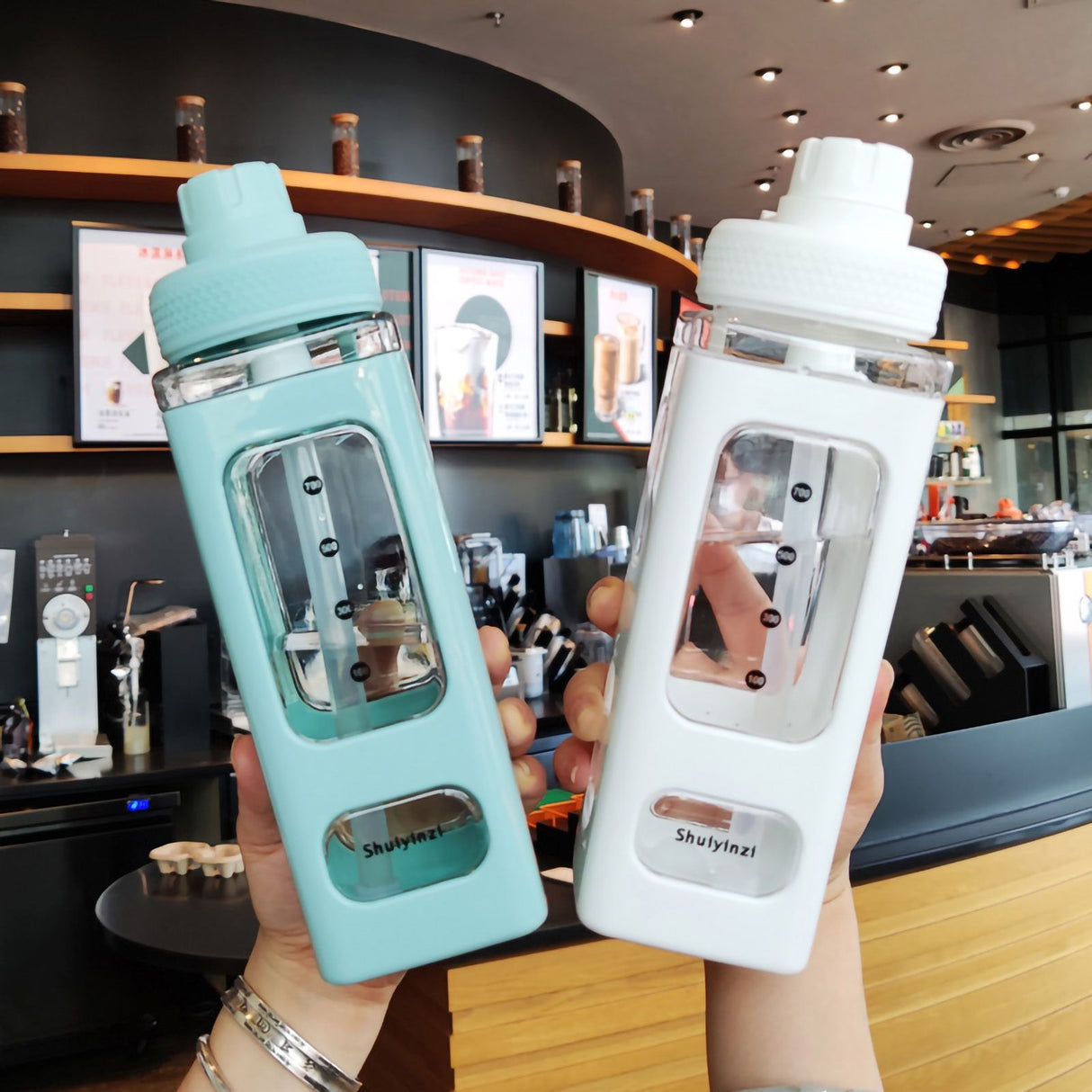 Straw Water Bottle with Marker 700ml Large Capacity Double Layer Water Jug for Home Gym School Green