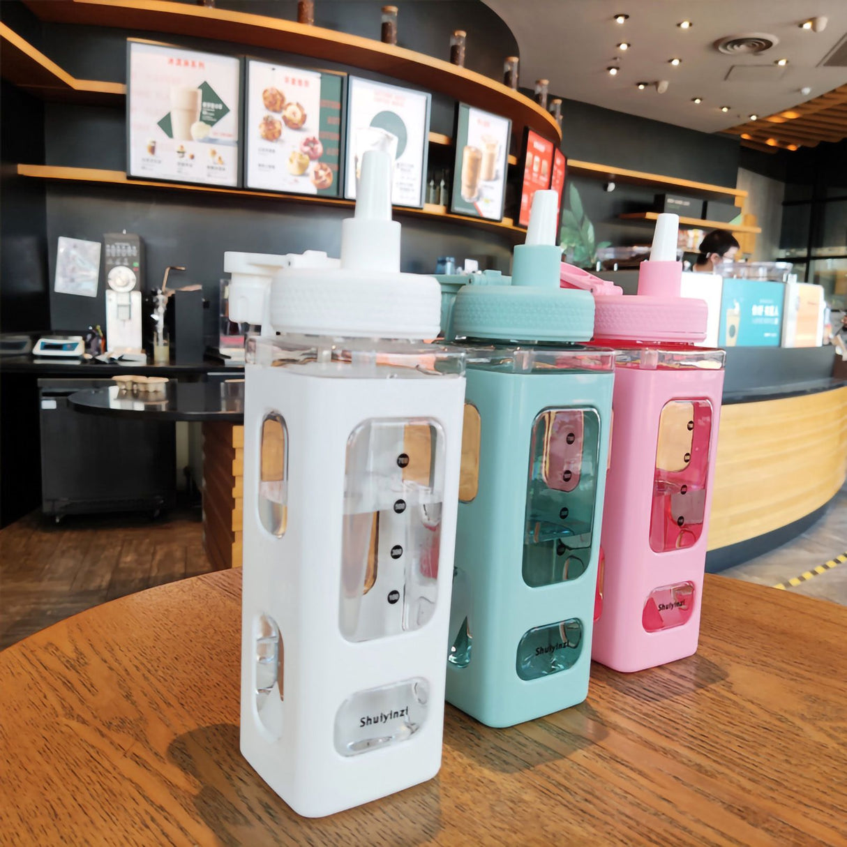 Straw Water Bottle with Marker 700ml Large Capacity Double Layer Water Jug for Home Gym School Pink
