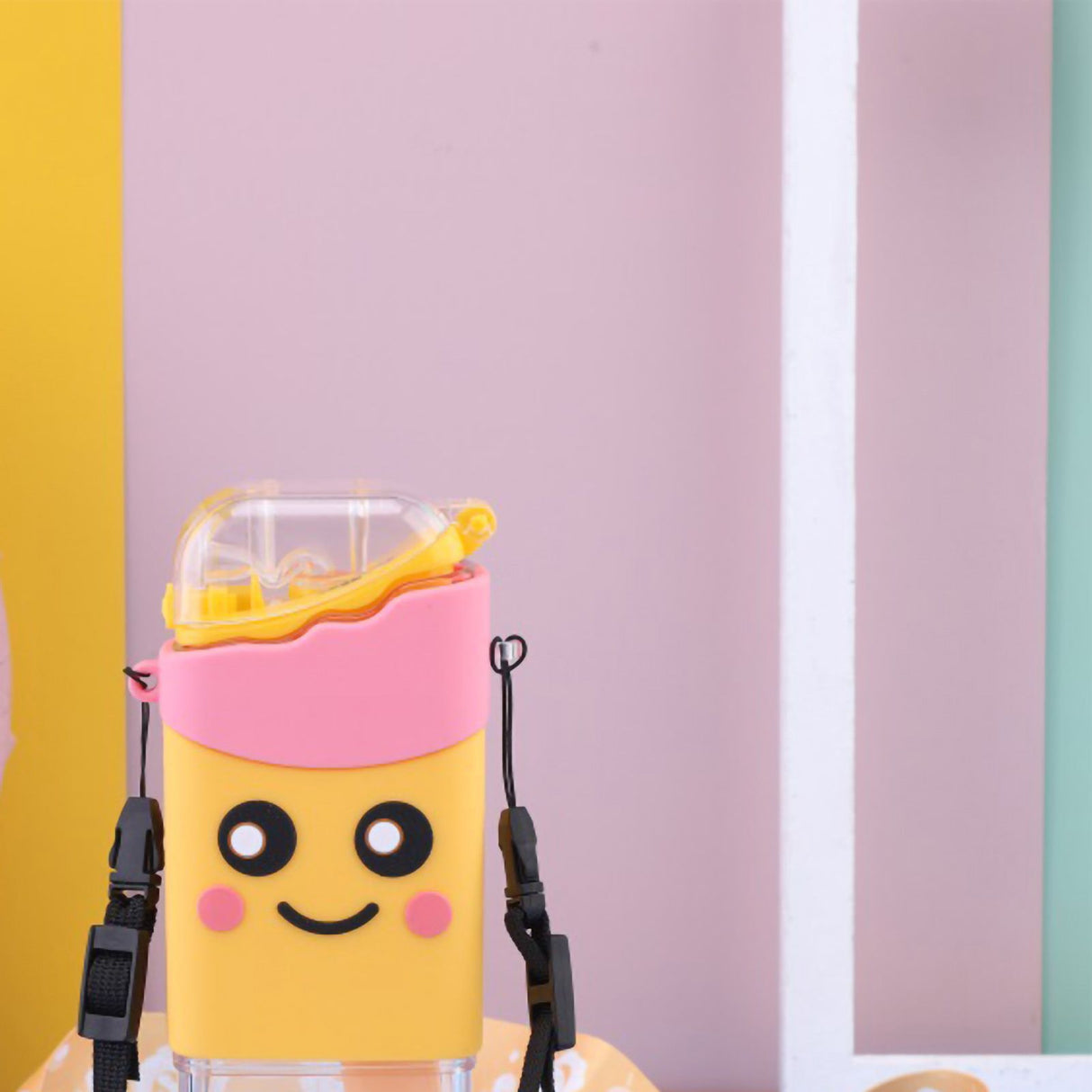 Portable Water Cup Cute Cartoon Design Large Capacity Plastic Water Bottle with Carry Cord Straw for Students Style 1 301ml‑400ml