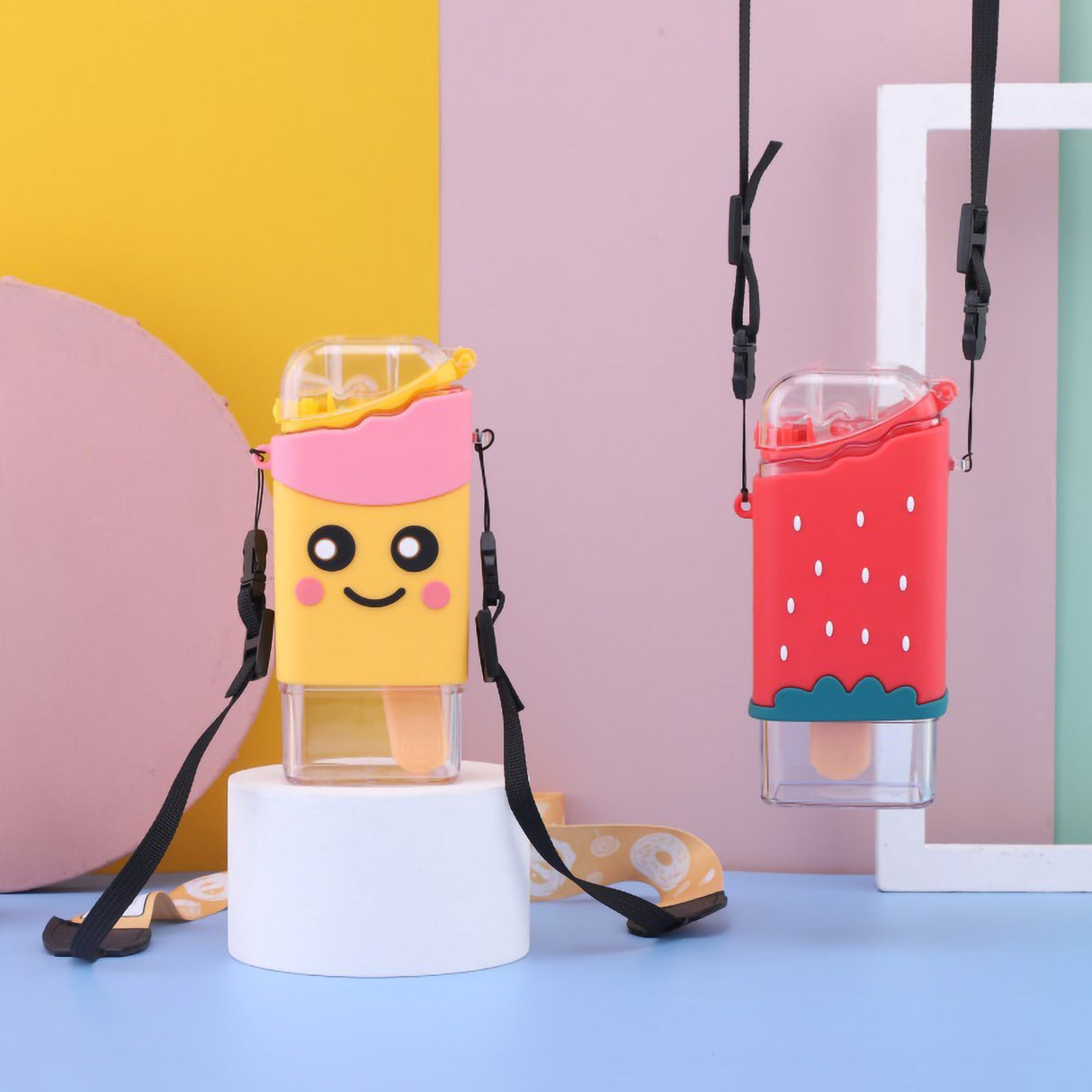 Portable Water Cup Cute Cartoon Design Large Capacity Plastic Water Bottle with Carry Cord Straw for Students Style 1 301ml‑400ml