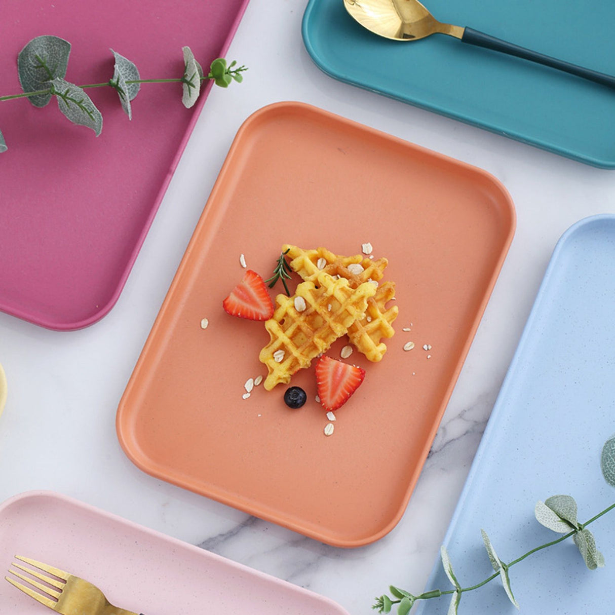 Kitchen Serving Tray Wheat Straw Rectangular Nordic Style Cupcake Fruit Snack Tea Tray for Home Office Restaurant Purple L (Approx. 38x27cm / 15.0x10.6in)