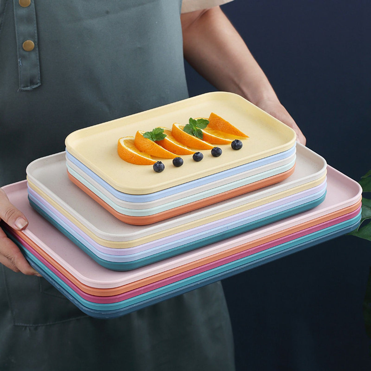 Kitchen Serving Tray Wheat Straw Rectangular Nordic Style Cupcake Fruit Snack Tea Tray for Home Office Restaurant Light Blue L (Approx. 38x27cm / 15.0x10.6in)