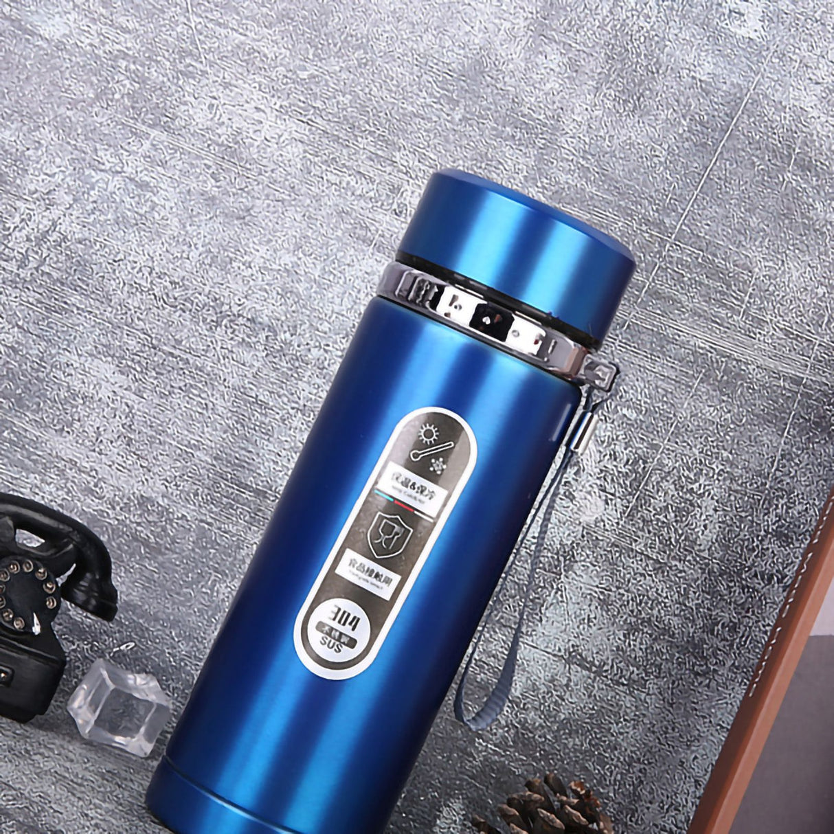 Vacuum Cup Stainless Steel Portable Large Mouth Insulated Bottle with Hand String for Business Travel Office Daily Blue 1000ml