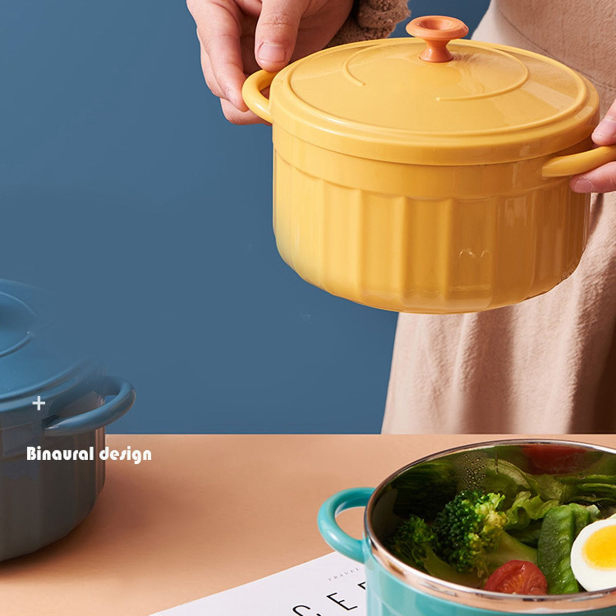 Noodles Bowl with Lid Binaural Noodles Bowl Home Dorm Student Covered Bowl Large Yellow