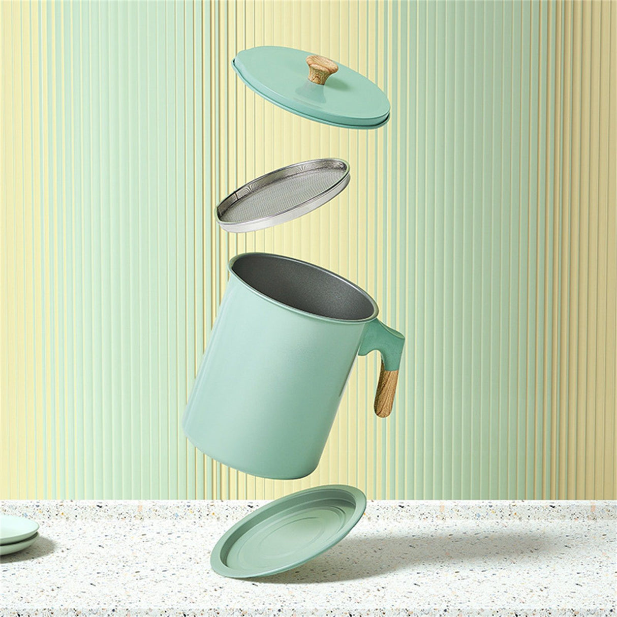 Oil Strainer Pot 1.4L Wood Grain Easy Operation No Rust Oil Storage Supplies Filter for Home Canteen Fruit Green