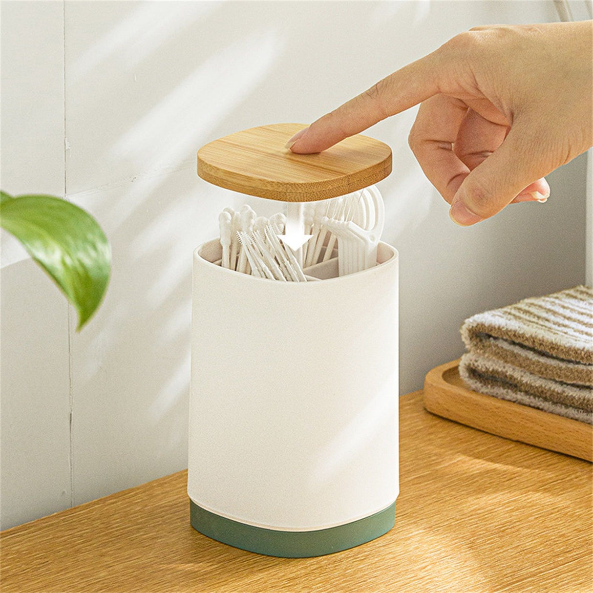 Toothpick Holder Automatic Push Multi Purpose Division Design Toothpick Container for Cotton Swab Dental Floss Green