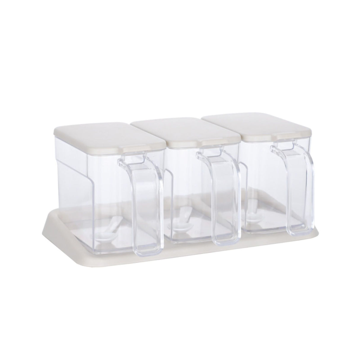 Seasoning Box Set Plastic Clear 3 Grids Large Capacity Condiment Box with Spoons for Kitchen Apricot