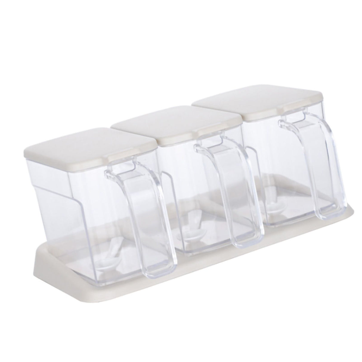 Seasoning Box Set Plastic Clear 3 Grids Large Capacity Condiment Box with Spoons for Kitchen Apricot