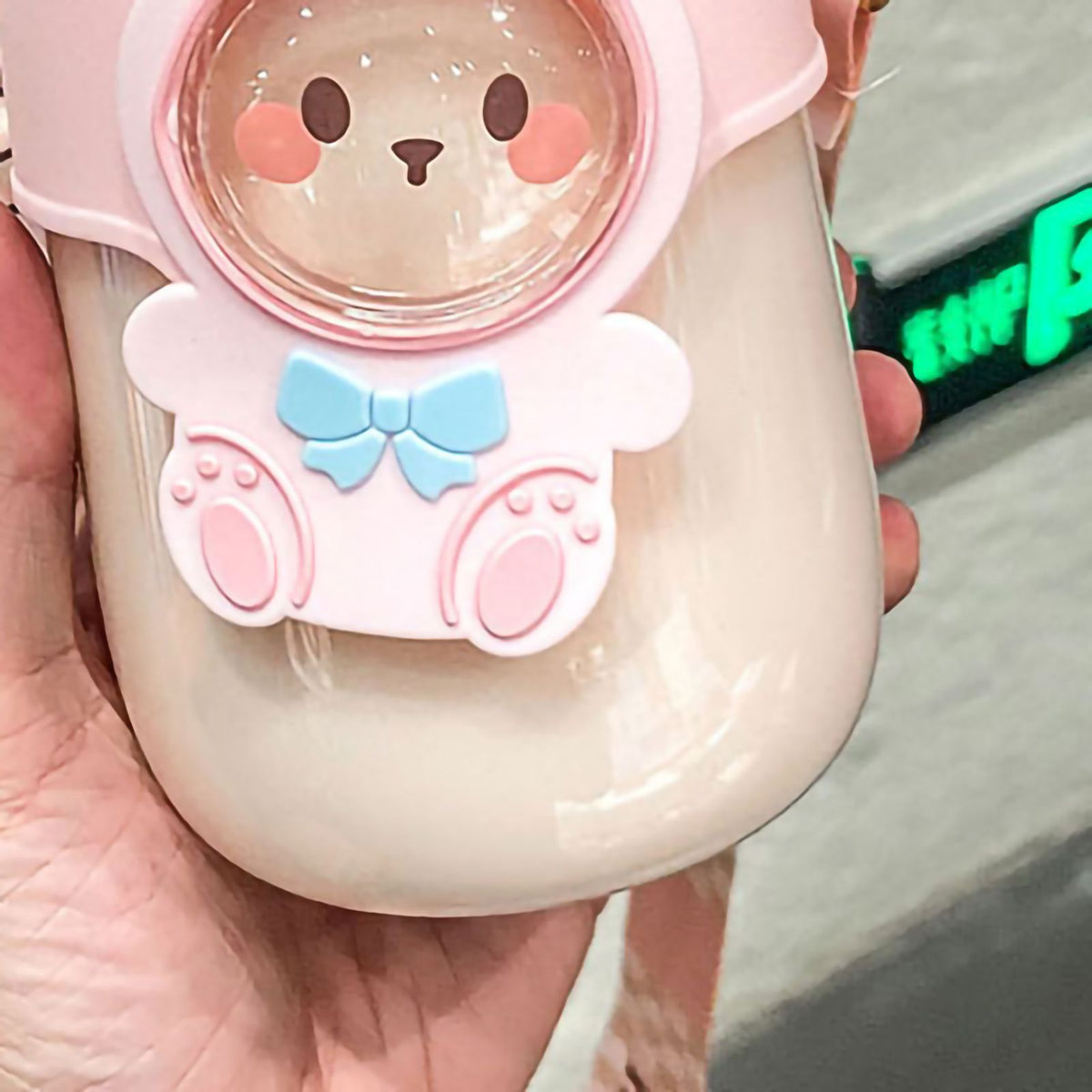 Soft Straw Drinking Cup Portable Plastic Sippy Cup Cartoon Pattern Water Bottle with Strap Pink