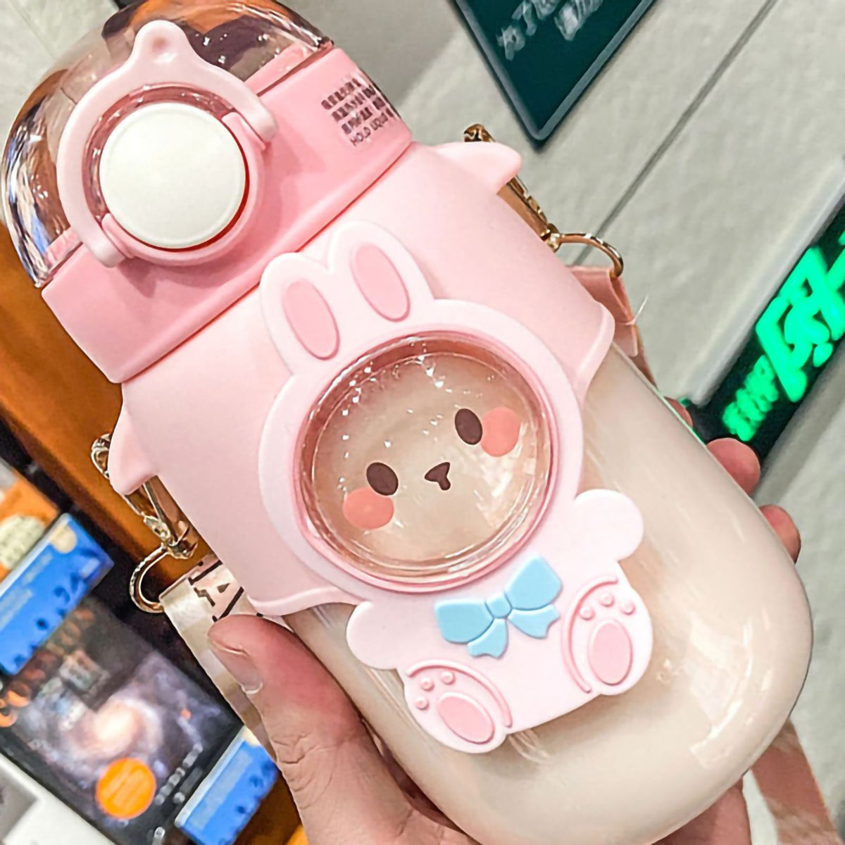 Soft Straw Drinking Cup Portable Plastic Sippy Cup Cartoon Pattern Water Bottle with Strap Pink