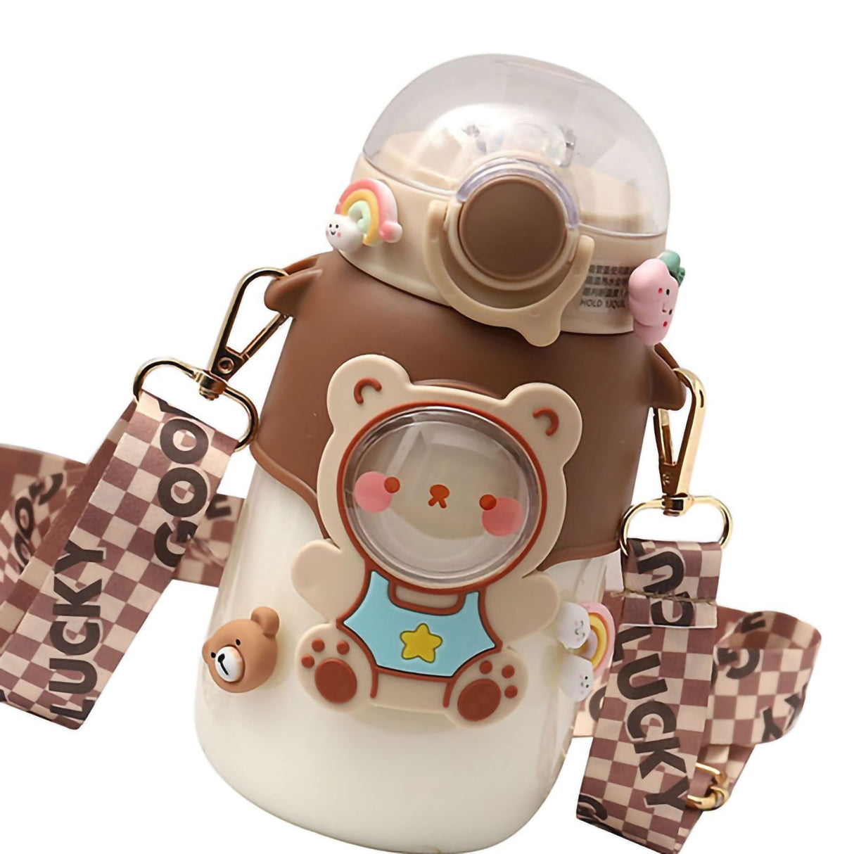 Soft Straw Drinking Cup Portable Plastic Sippy Cup Cartoon Pattern Water Bottle with Strap Brown