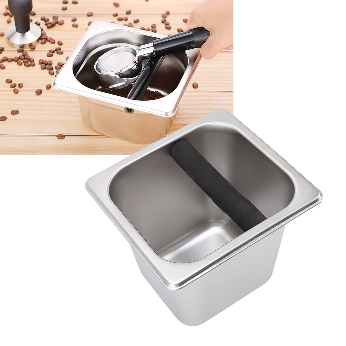 Stainless Steel Coffee Knocking Grounds Box with Rubber Rod Embeddable Coffee Dump Bin for Home Restaurant