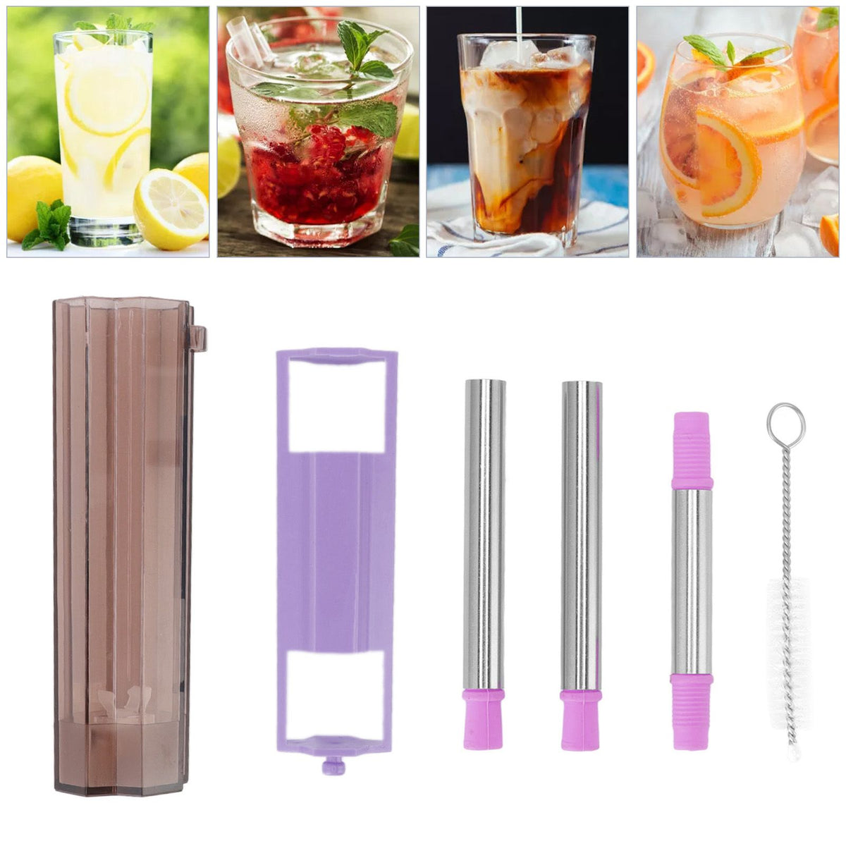 Collapsible Straw Stainless Steel Portable Easy to Clean Foldable Straw with Cleaning Brush for Home Office Outdoor Purple