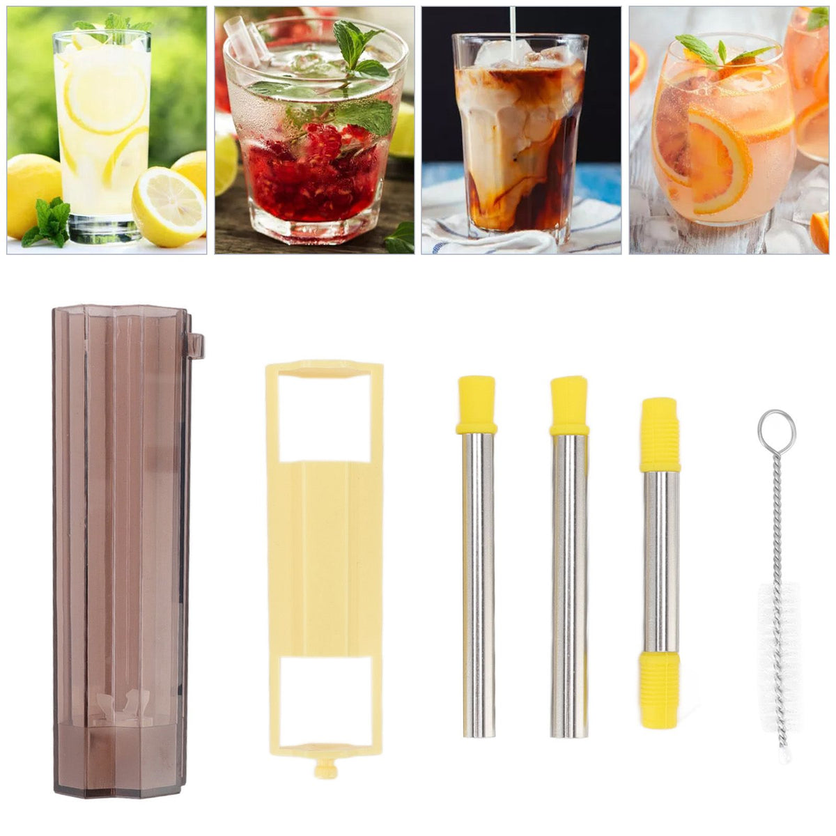 Collapsible Straw Stainless Steel Portable Easy to Clean Foldable Straw with Cleaning Brush for Home Office Outdoor Yellow