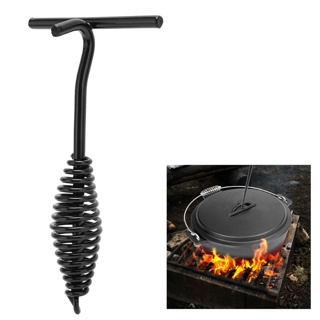 Lid Lifter 26CM Length Spiral Handle Black Finish Iron Extended Design Comfortable Hold Camp Dutch Oven Lid Lifter