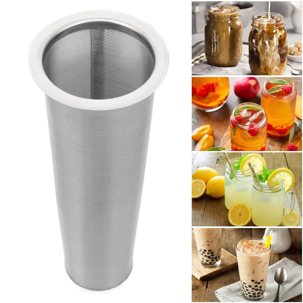 304 Stainless Steel Cold Brew Coffee Filter Cone Mesh with White Rubber Circle Coffee Brew Infuser for Fruit Drink 8x21cm/3.1x8.2in